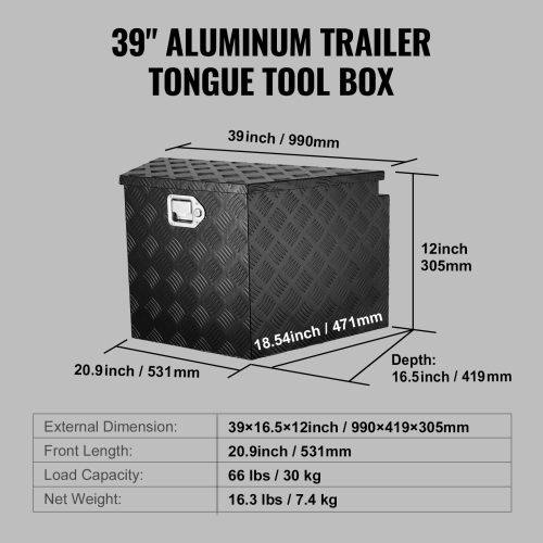 VEVOR 39"x16.5"x12" Trailer Tongue Box, Aluminum Alloy Diamond Plate Tongue Box Tool Chest, Heavy Duty Trailer Box Storage with Lock and Keys,
