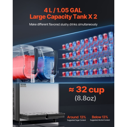 VEVOR 4Lx2 Double Commercial Slushy Machine, Tank Frozen Drink Machine, 32 Cups Stainless Steel Margarita Smoothie Frozen Drink Maker, for Home Party