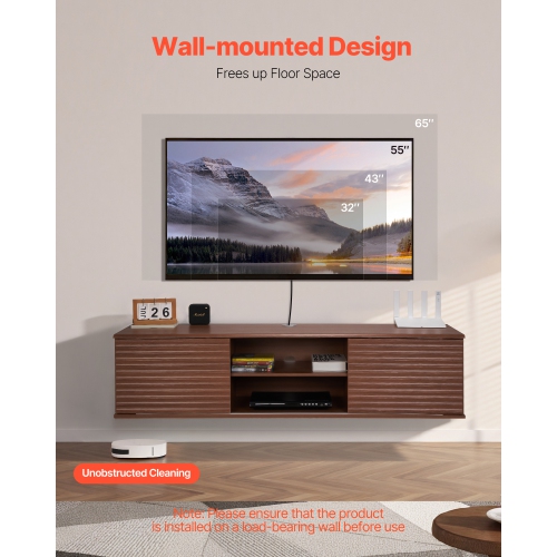 VEVOR 60" Floating TV Stand, Wall Mount Entertainment Center with Adjustable Shelf & Sliding Doors, 2 Tiers Floating TV Shelf with Storage Cabinet
