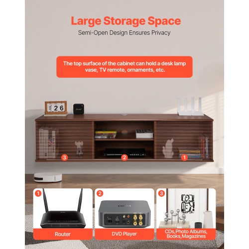 VEVOR 60" Floating TV Stand, Wall Mount Entertainment Center with Adjustable Shelf & Sliding Doors, 2 Tiers Floating TV Shelf with Storage Cabinet