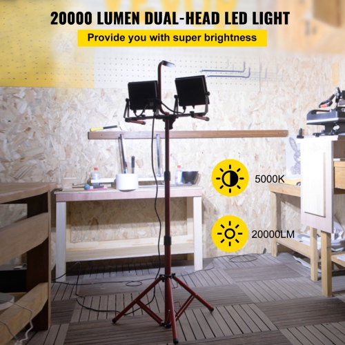 VEVOR 20000 Lumen LED Work Light with Stand, Dual-head LED Work Light with 27.6"-68.1" Adjustable , IP65 Waterproofed LED Tripod Work Light, with