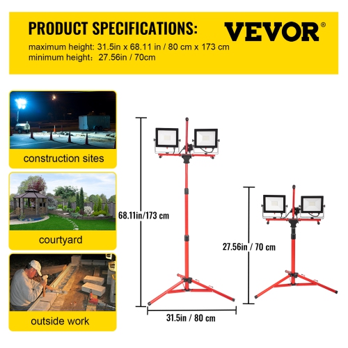 VEVOR 2PCS 10000 Lumen LED Work Light with Stand, Dual-head LED Work Light with 27.6"-68.1" Adjustable , IP65 Waterproofed LED Tripod Work Light,