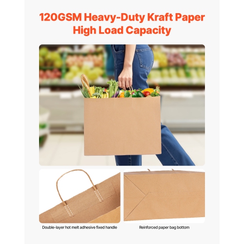 VEVOR 16 x 6 x 12 in Kraft Paper Bags with Handles, 50Pcs, Large Paper Grocery Bags, Reusable & Recycled Brown Take-Out Sacks, Plain Party Bag Bulk