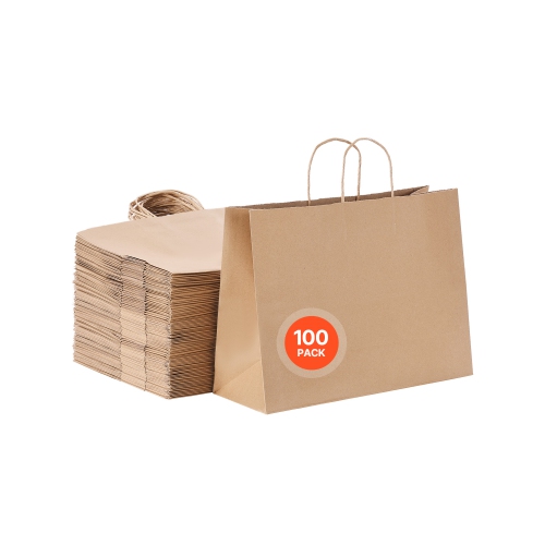 VEVOR 16 x 6 x 12 in Kraft Paper Bags with Handles, 100Pcs , Large Paper Grocery Bags, Reusable & Recycled Take-Out Sacks, Plain Party Bag Bulk for