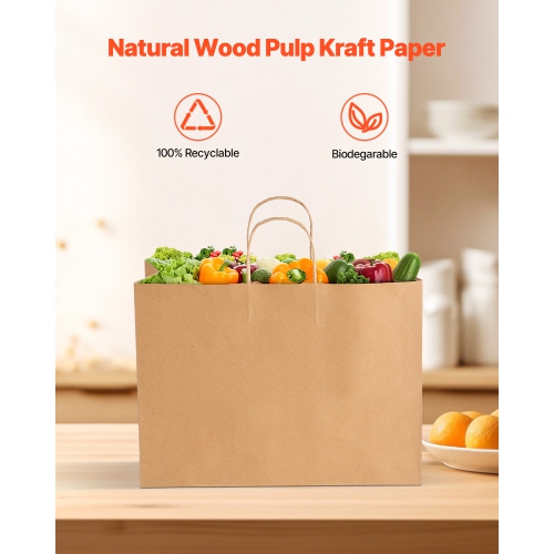 VEVOR 16 x 6 x 12 in Kraft Paper Bags with Handles, 100Pcs , Large Paper Grocery Bags, Reusable & Recycled Take-Out Sacks, Plain Party Bag Bulk for
