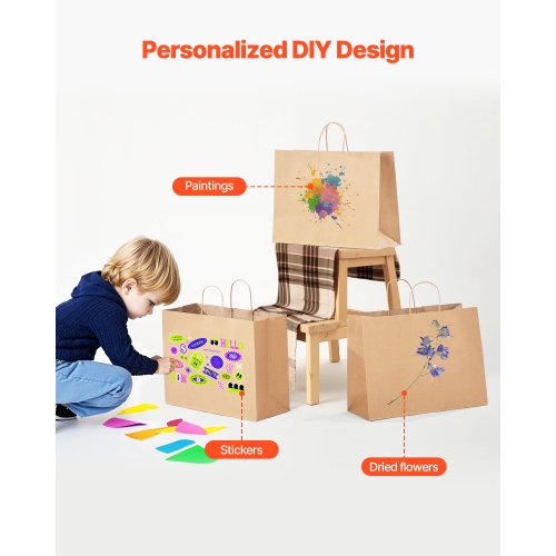 VEVOR 16 x 6 x 12 in Kraft Paper Bags with Handles, 100Pcs , Large Paper Grocery Bags, Reusable & Recycled Take-Out Sacks, Plain Party Bag Bulk for