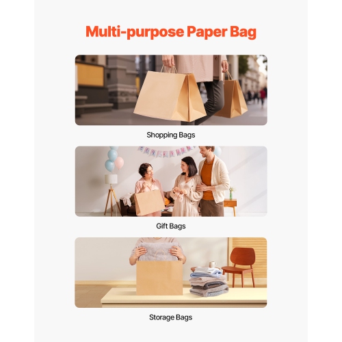 VEVOR 16 x 6 x 12 in Kraft Paper Bags with Handles, 100Pcs , Large Paper Grocery Bags, Reusable & Recycled Take-Out Sacks, Plain Party Bag Bulk for