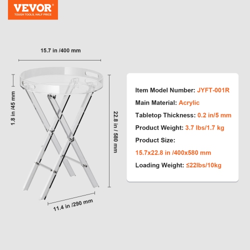 VEVOR Acrylic Folding Tray Table, Acrylic End Table with Folding X Leg, Clear Acrylic Side Table for Coffee, Drink, Food, Snack used in Living Room,