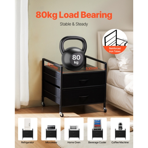 VEVOR 176 lb Mini Fridge Stand, with 2 Drawers & 4 Swivel Wheels, Mobile Mini Fridge Shelf, Black Mini Fridge Organizer for Dorm, Apartment, Office,