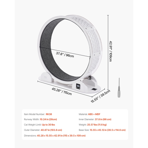 VEVOR 40.8 in Cat Exercise Wheel with Pedometer, with Brake & Carpeted Runway, Quiet Cat Treadmill for Indoor Cats Under 30lbs, Cat Exerciser for