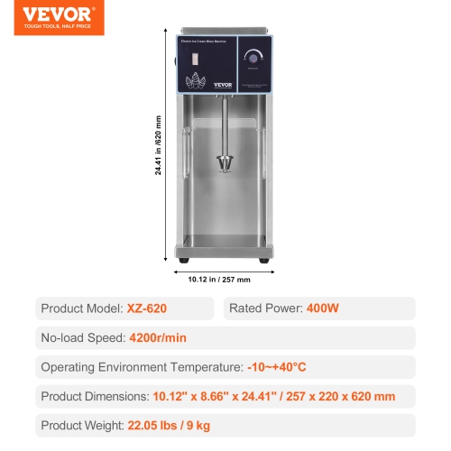 VEVOR 400W Ice Cream Blender, High-Speed Ice Cream Maker Mixer Stir Machine 4200RPM, Stepless Speed Adjustment, 304 Stainless Steel , 3 Hand Cups,