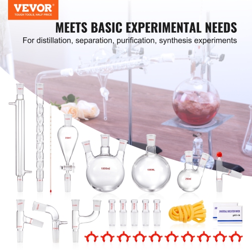 VEVOR 3.3 Boro Lab Distillation Kit, Lab Glassware Distillation Kit with 24, 40 Joint, 1000ml Essential Oil Distillation Apparatus Kit, 29 pcs Set of