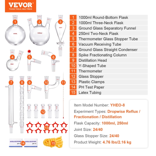 VEVOR 3.3 Boro Lab Distillation Kit, Lab Glassware Distillation Kit with 24, 40 Joint, 1000ml Essential Oil Distillation Apparatus Kit, 29 pcs Set of