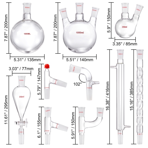 VEVOR 3.3 Boro Lab Distillation Kit, Lab Glassware Distillation Kit with 24, 40 Joint, 1000ml Essential Oil Distillation Apparatus Kit, 29 pcs Set of
