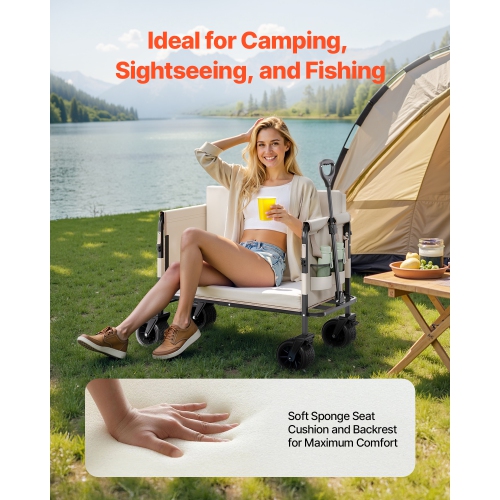 VEVOR 550lb Load Collapsible Folding Wagon, 220L, 2 in 1 Foldable Wagon Cart Converts to Bench, with Adjustable Handle, Outdoor Cart for Groceries