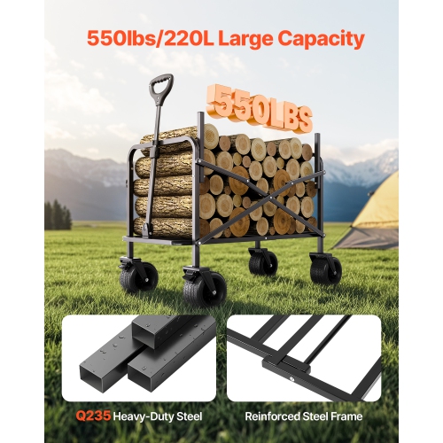 VEVOR 550lb Load Collapsible Folding Wagon, 220L, 2 in 1 Foldable Wagon Cart Converts to Bench, with Adjustable Handle, Outdoor Cart for Groceries