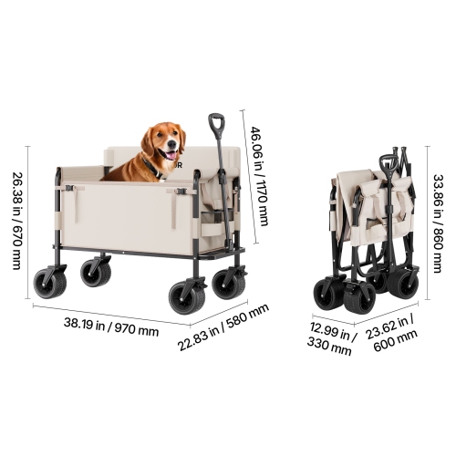 VEVOR 550lb Load Collapsible Folding Wagon, 220L, 2 in 1 Foldable Wagon Cart Converts to Bench, with Adjustable Handle, Outdoor Cart for Groceries
