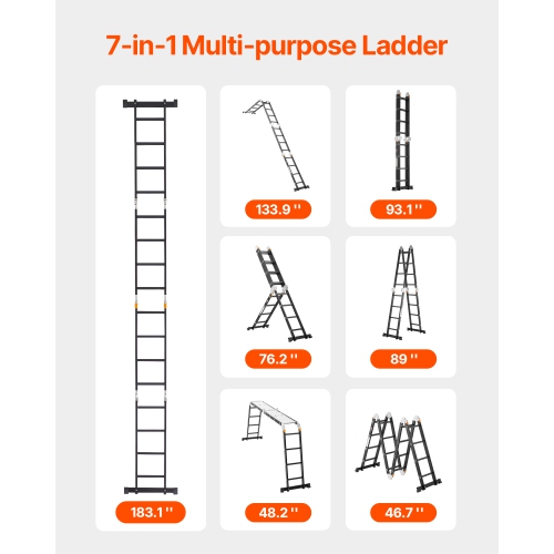 VEVOR 7-in-1 Multi-Purpose Folding Ladder, Extension Step Ladder, A Frame 4 Step with Scaffolding Plank Telescoping Ladder, 15.5ft Heavy Duty , 330