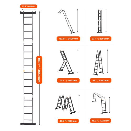 VEVOR 7-in-1 Multi-Purpose Folding Ladder, Extension Step Ladder, A Frame 4 Step with Scaffolding Plank Telescoping Ladder, 15.5ft Heavy Duty , 330