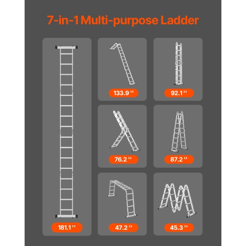 VEVOR 7-in-1 Multi-Purpose Folding Ladder, Extension Step Ladder, A Frame 4 Step Telescoping Ladder, 15.5ft Heavy Duty Adjustable Ladder, 330 lbs