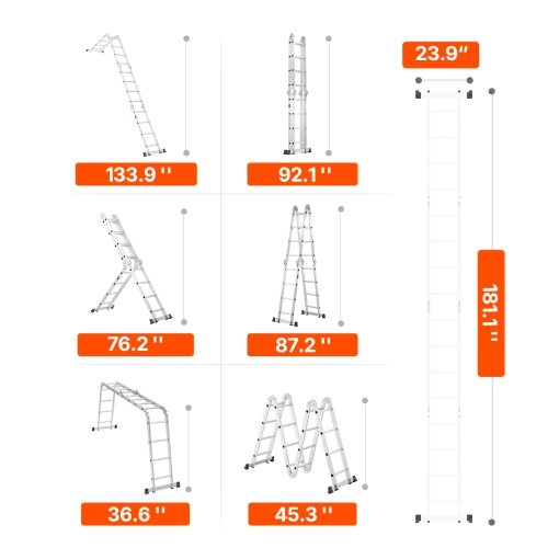 VEVOR 7-in-1 Multi-Purpose Folding Ladder, Extension Step Ladder, A Frame 4 Step Telescoping Ladder, 15.5ft Heavy Duty Adjustable Ladder, 330 lbs