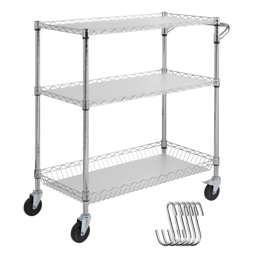 VEVOR  3 Tiers Kitchen Utility Cart, Wire Rolling Cart w 661Lbs Capacity, Steel Service Cart On Wheels, Metal Storage Trolley w 80MM Basket Curved