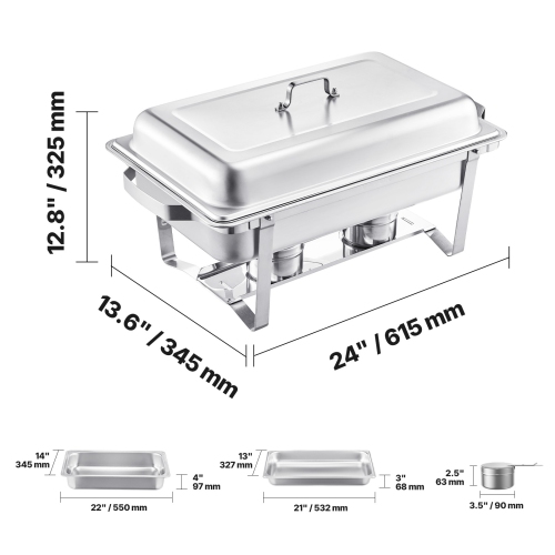 VEVOR 8 Qt 6 Pack Chafing Dish Buffet Set, Stainless Steel Chafer with 6 Full Size Pans, Rectangle Catering Warmer Server with Lid Water Pan Stand