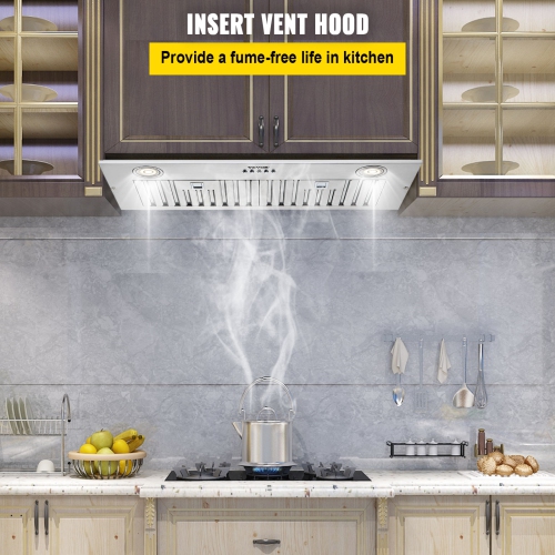 VEVOR 800CFM Insert Range Hood, 3-Speed, 30 Inch Stainless Steel Built-in Kitchen Vent with Push Button Control LED Lights Baffle Filters,