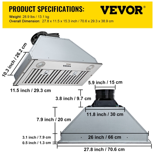 VEVOR 800CFM Insert Range Hood, 3-Speed, 30 Inch Stainless Steel Built-in Kitchen Vent with Push Button Control LED Lights Baffle Filters,