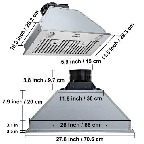 VEVOR 800CFM Insert Range Hood, 3-Speed, 30 Inch Stainless Steel Built-in Kitchen Vent with Push Button Control LED Lights Baffle Filters,