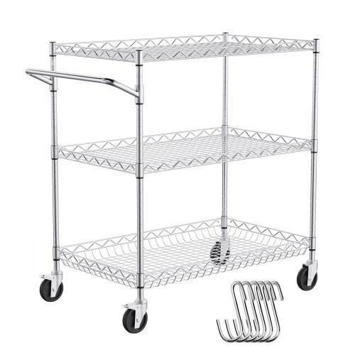 VEVOR 3 Tiers Kitchen Utility Cart, Wire Rolling Cart with 661LBS Capacity, Steel Service Cart on Wheels, Metal Storage Trolley with 80mm Deep Basket