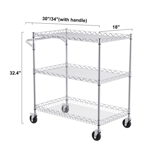VEVOR 3 Tiers Kitchen Utility Cart, Wire Rolling Cart with 661LBS Capacity, Steel Service Cart on Wheels, Metal Storage Trolley with 80mm Deep Basket