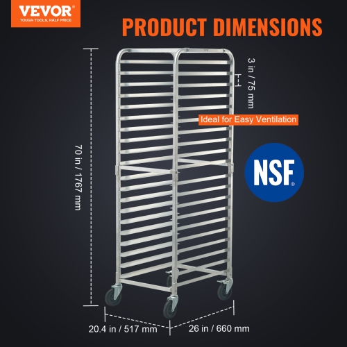 VEVOR 26"L x 20.4"W x 70"H Bun Pan Rack, 20-Tier Commercial Bakery Racks with Brake Wheels, Aluminum Racking Trolley Storage for Half & Full Sheet,