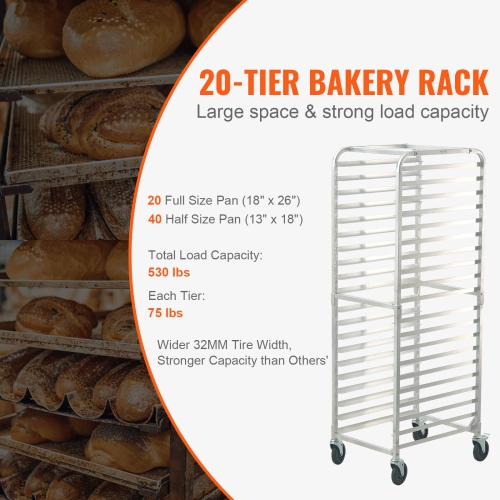 VEVOR 26"L x 20.4"W x 70"H Bun Pan Rack, 20-Tier Commercial Bakery Racks with Brake Wheels, Aluminum Racking Trolley Storage for Half & Full Sheet,