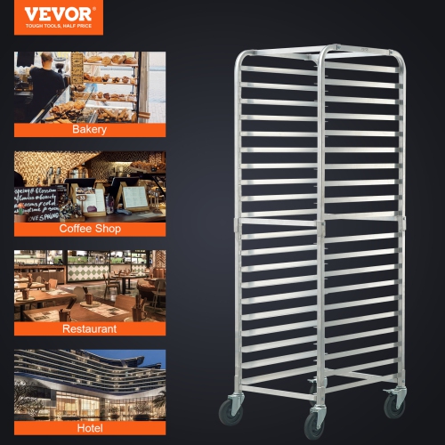 VEVOR 26"L x 20.4"W x 70"H Bun Pan Rack, 20-Tier Commercial Bakery Racks with Brake Wheels, Aluminum Racking Trolley Storage for Half & Full Sheet,