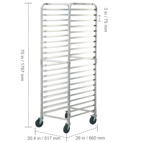 VEVOR 26"L x 20.4"W x 70"H Bun Pan Rack, 20-Tier Commercial Bakery Racks with Brake Wheels, Aluminum Racking Trolley Storage for Half & Full Sheet,