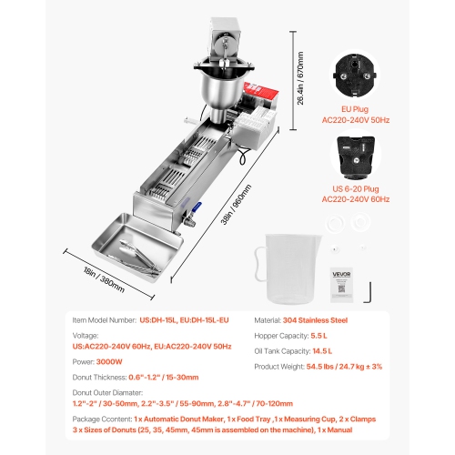 VEVOR 90 pcs/hour Automatic Donuts Machine, Single Row Donuts Making Equipment, Electric High Power Doughnut Maker, Stainless Steel Auto Fryer, with