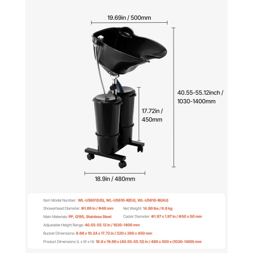 VEVOR Portable Shampoo Bowl, for Washing Hair with Electric Pump, with 2 Buckets 2 Showerheads, Drain Hose, Height and Angle Adjustable Wash Bowl for