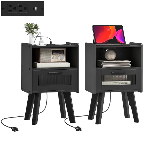 HOMCOM Modern NightStands Set of 2 with Charging Station, Bedside Table with Glass Decorative Door, Side End Table with Storage for Bedroom, Living