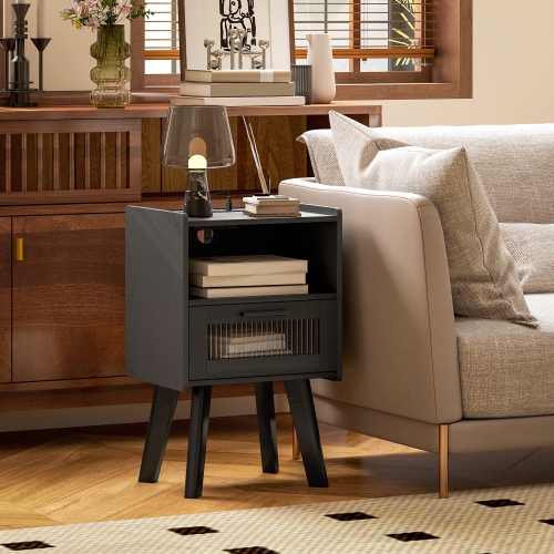 Ensemble de 2 tables de chevet modernes de HOMCOM avec station de recharge, table de chevet avec porte décorative en verre, table d'appoint avec