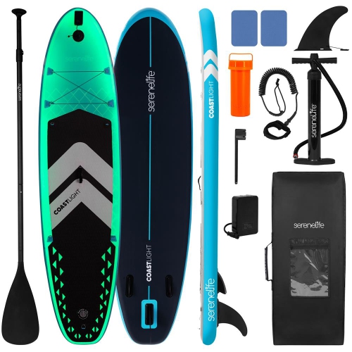 Free-Flow Welded Inflatable Stand-Up Paddle-Board with LED Light, Includes Double-Action Hand Pump, 3-Shaft Aluminum Paddle, Leash, Fin, Repair Kit