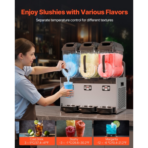 VEVOR 12Lx3 Triple Commercial Slushy Machine, Tank Frozen Drink Machine, 144 Cups Stainless Steel Margarita Smoothie Frozen Drink Maker, for Home