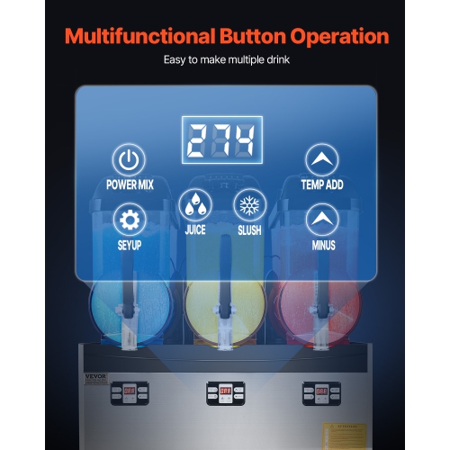 VEVOR 12Lx3 Triple Commercial Slushy Machine, Tank Frozen Drink Machine, 144 Cups Stainless Steel Margarita Smoothie Frozen Drink Maker, for Home