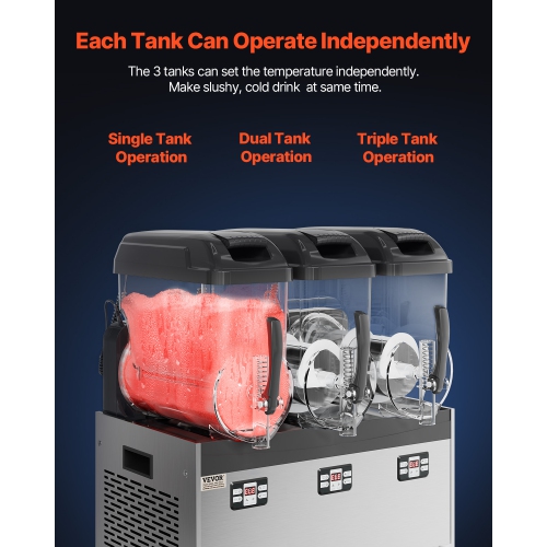 VEVOR 12Lx3 Triple Commercial Slushy Machine, Tank Frozen Drink Machine, 144 Cups Stainless Steel Margarita Smoothie Frozen Drink Maker, for Home