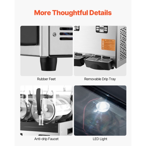 VEVOR 12Lx3 Triple Commercial Slushy Machine, Tank Frozen Drink Machine, 144 Cups Stainless Steel Margarita Smoothie Frozen Drink Maker, for Home