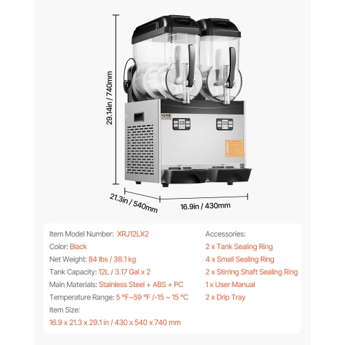 VEVOR 12Lx2 Double Commercial Slushy Machine, Tank Froze Machine, 96 Cups Stainless Steel Margarita Smoothie Frozen Drink Maker, Slushie Maker for