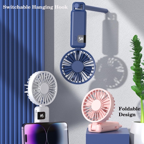 USB Rechargeable Desktop Folding Fan with Hook Air Cooling Handheld Electric Portable Fan with LED Display, Large Capacity Battery 100 Wind Speeds,