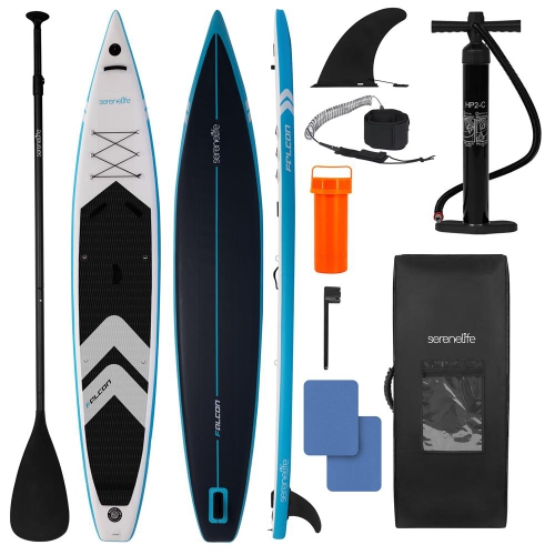 SereneLife 14’ Inflatable Paddle Board for Racing - 28” Narrow Design, with Non-Slip Deck Pad, Includes Premium SUP Accessories and GoPro Mount, for
