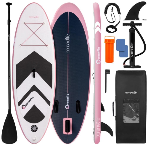 SereneLife 7'9" Kids Inflatable Paddle Board - SUP for Youth with Single-Action Pump, Adjustable Paddle & Backpack - 30” Wide Design with Non-Slip