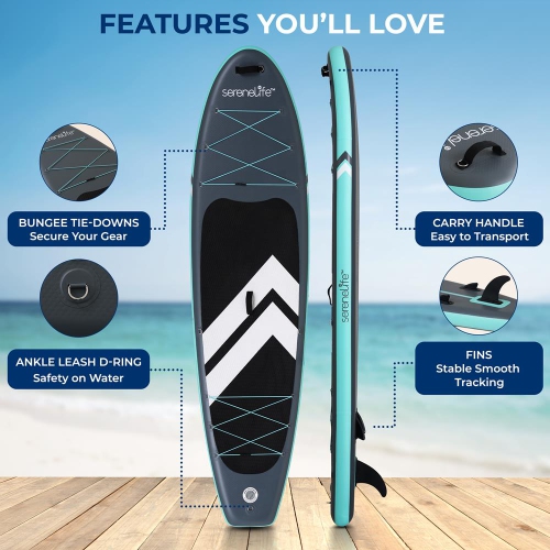 SereneLife 10’ Inflatable Stand Up Paddle Board with Premium SUP Accessories - 32” Wide Stable Design with Non-Slip EVA Deck Pad, for Youth and